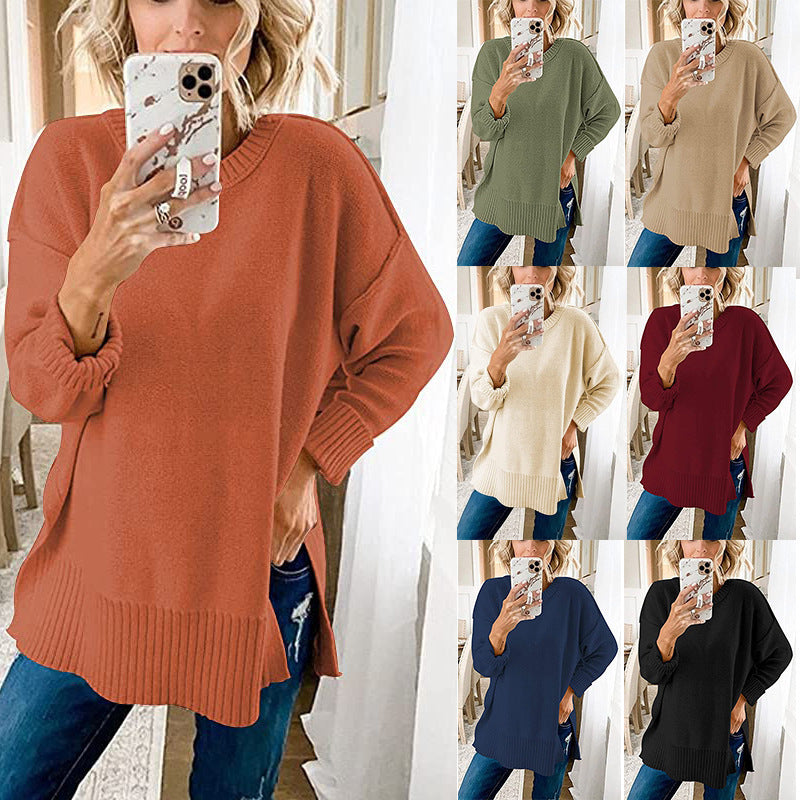 Women's Long Sleeve Side Slit Loose Knit Pullover sweater