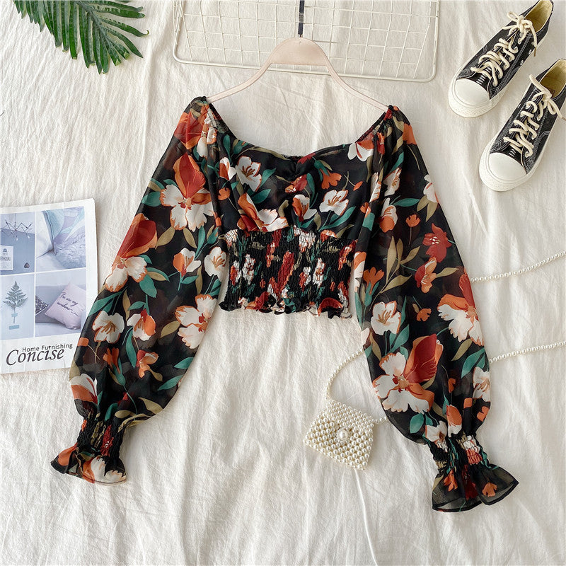 Printed Chiffon Long-sleeved Short Shirt for women