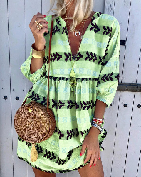 Three-Quarter Sleeves Printed Loose V-neck T-shirt Dress