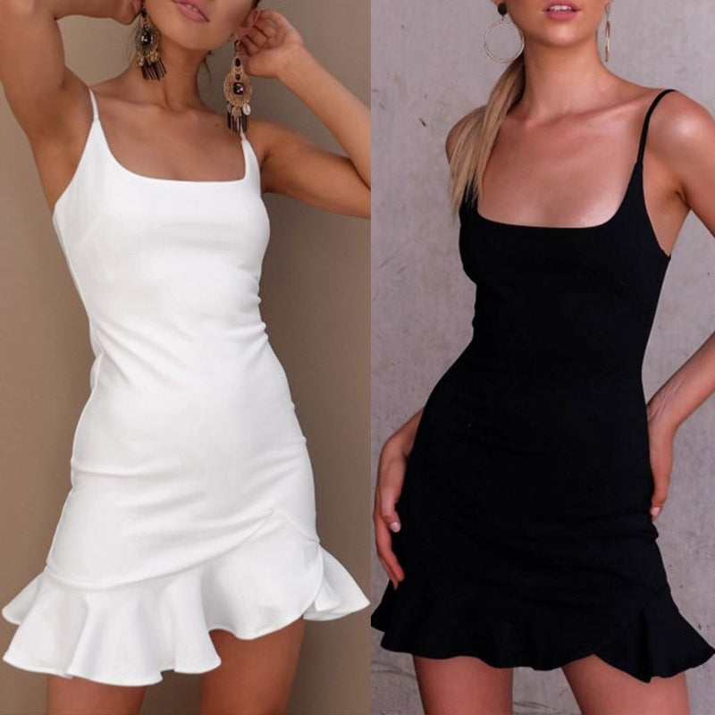 New Sleeveless Spaghetti Strap Ruffled Trumpet Dress for Women