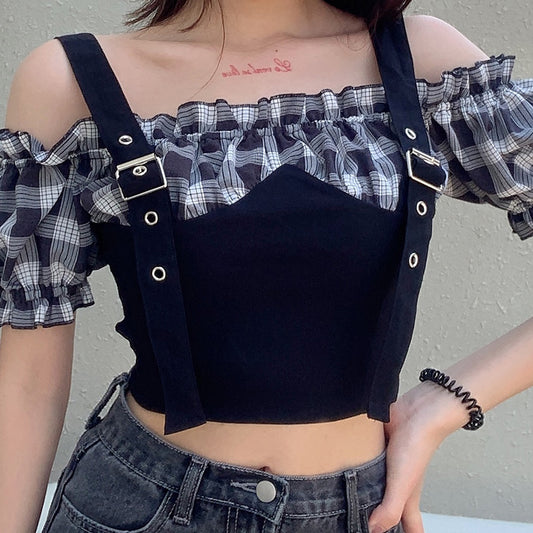 Plaid stitching shoulder straps shirt