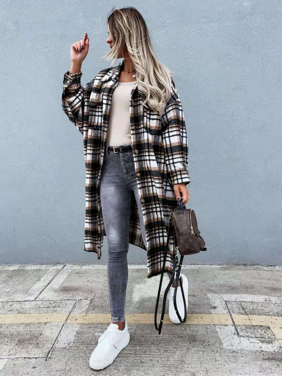 New Style Lengthened Plaid Shirt For Women