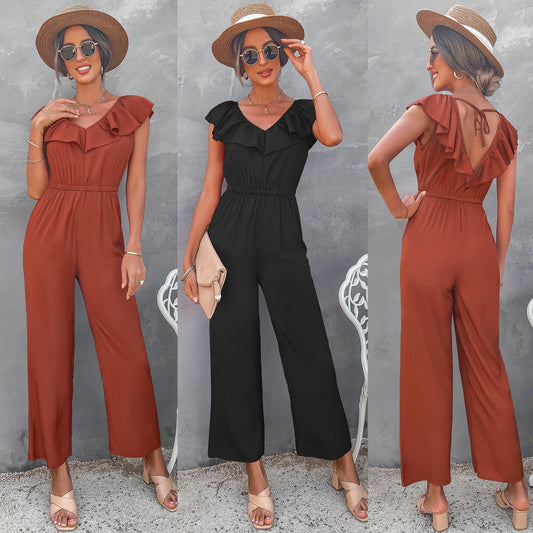 Women's Solid Color Open Back Jumpsuit