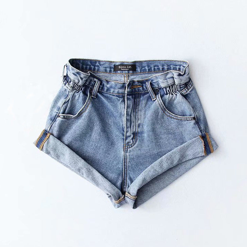 Fashion Five-color Elastic Waist Rolled Edge Denim Shorts Women