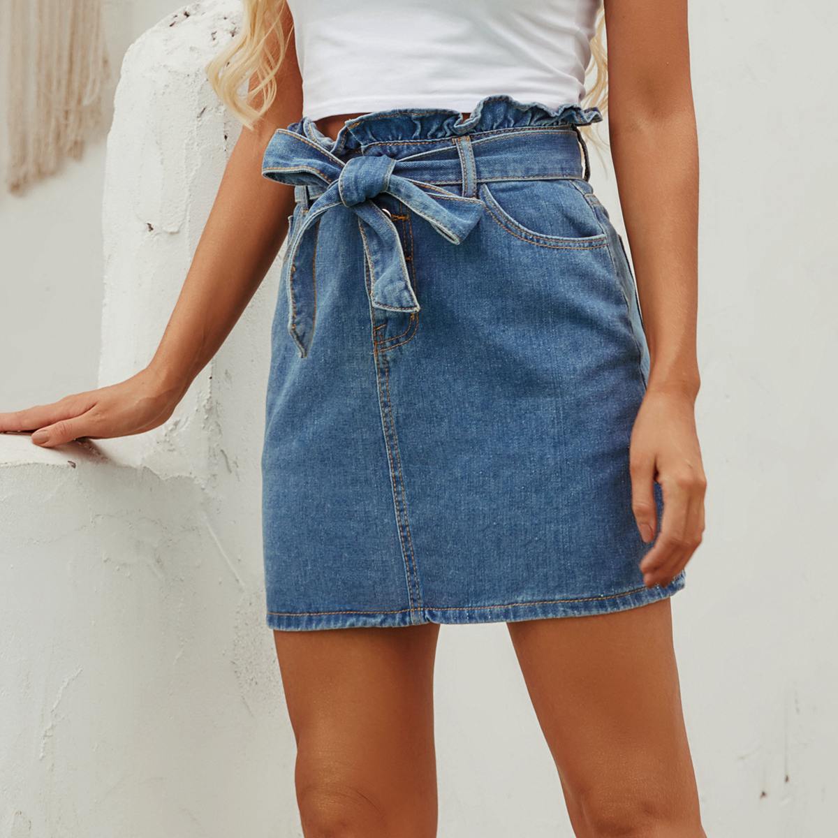 Ruffled High Waist Denim Skirt