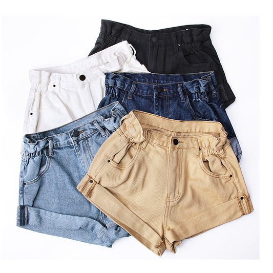 Fashion Five-color Elastic Waist Rolled Edge Denim Shorts Women