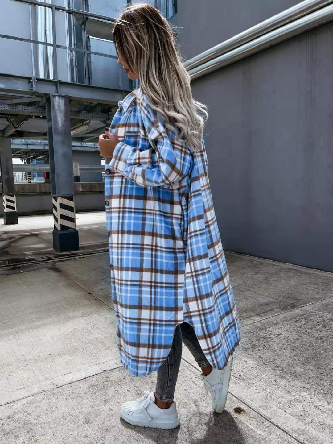 New Style Lengthened Plaid Shirt For Women