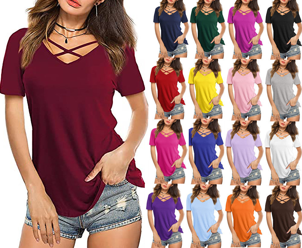 Front Cross VNeck Short Sleeve T-Shirt for Women