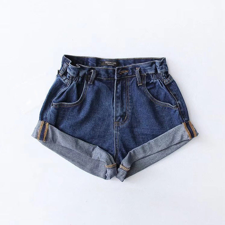 Fashion Five-color Elastic Waist Rolled Edge Denim Shorts Women