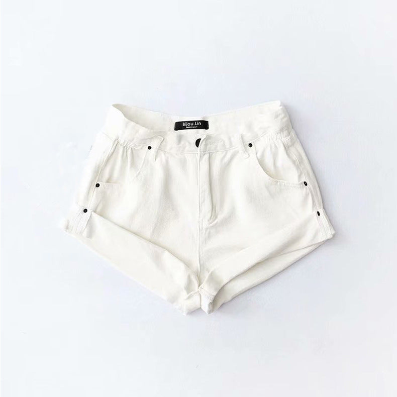 Fashion Five-color Elastic Waist Rolled Edge Denim Shorts Women